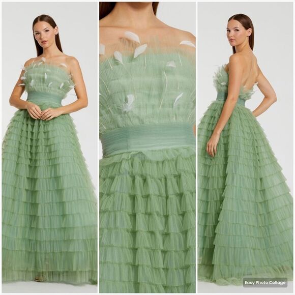 MAC DUGGAL 20530 Green Strapless Ruffle Gown with Feathers 4 - Picture 1 of 12